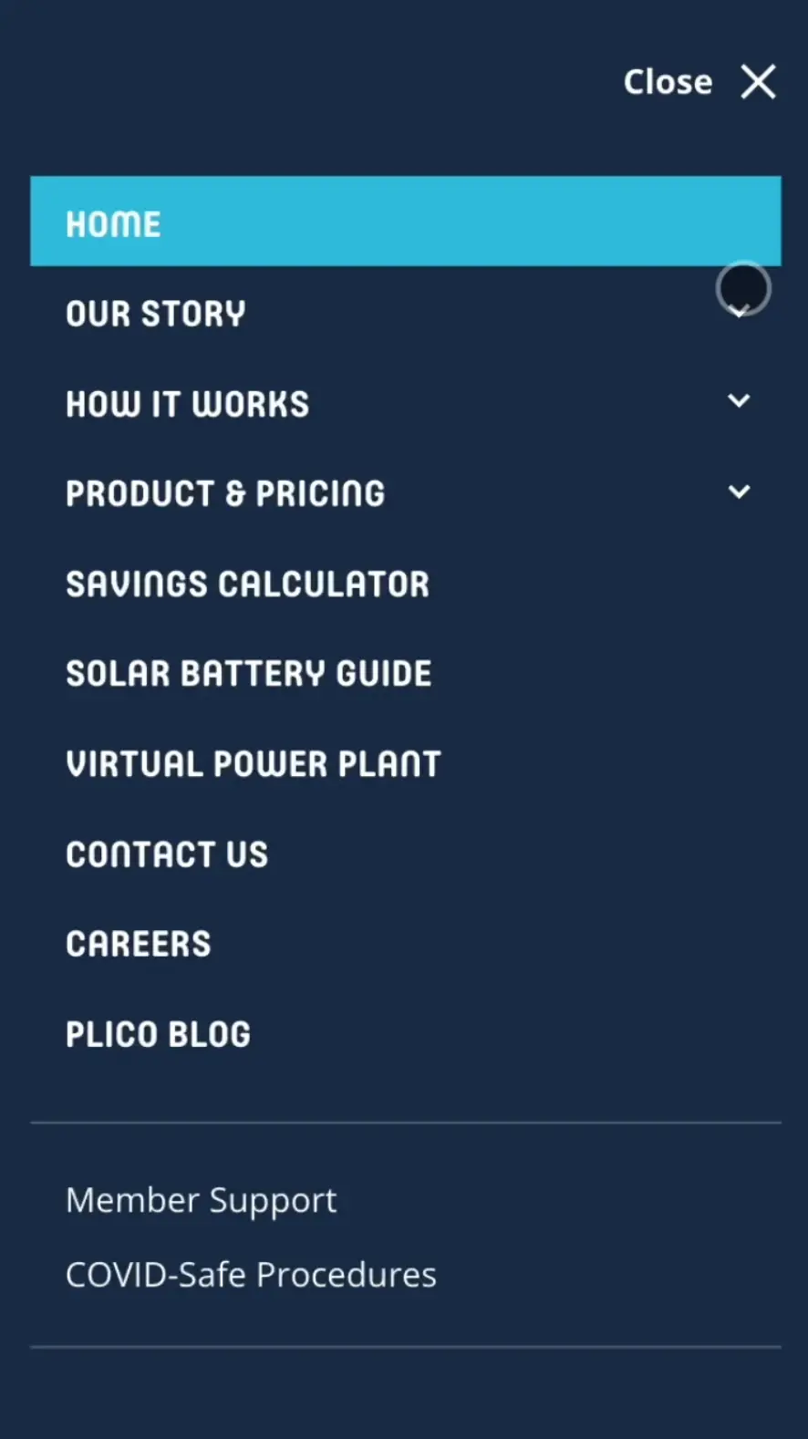 Plico Energy mobile menu